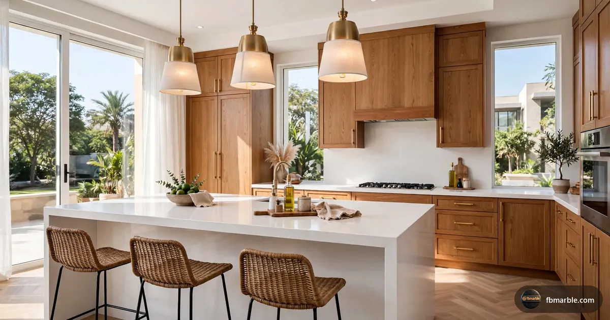 Modern Lahore kitchen with white quartz countertop and island – quartz countertop price in Pakistan