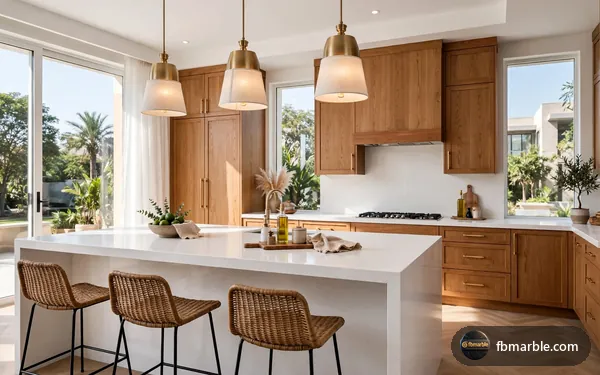 Kitchen island with waterfall edge in Calacatta Gold quartz