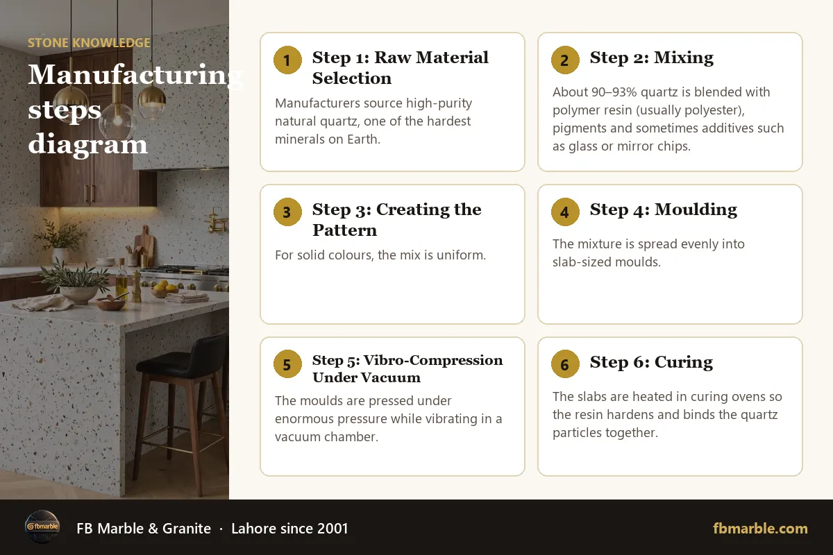 Manufacturing steps diagram – how quartz is made infographic by FB Marble
