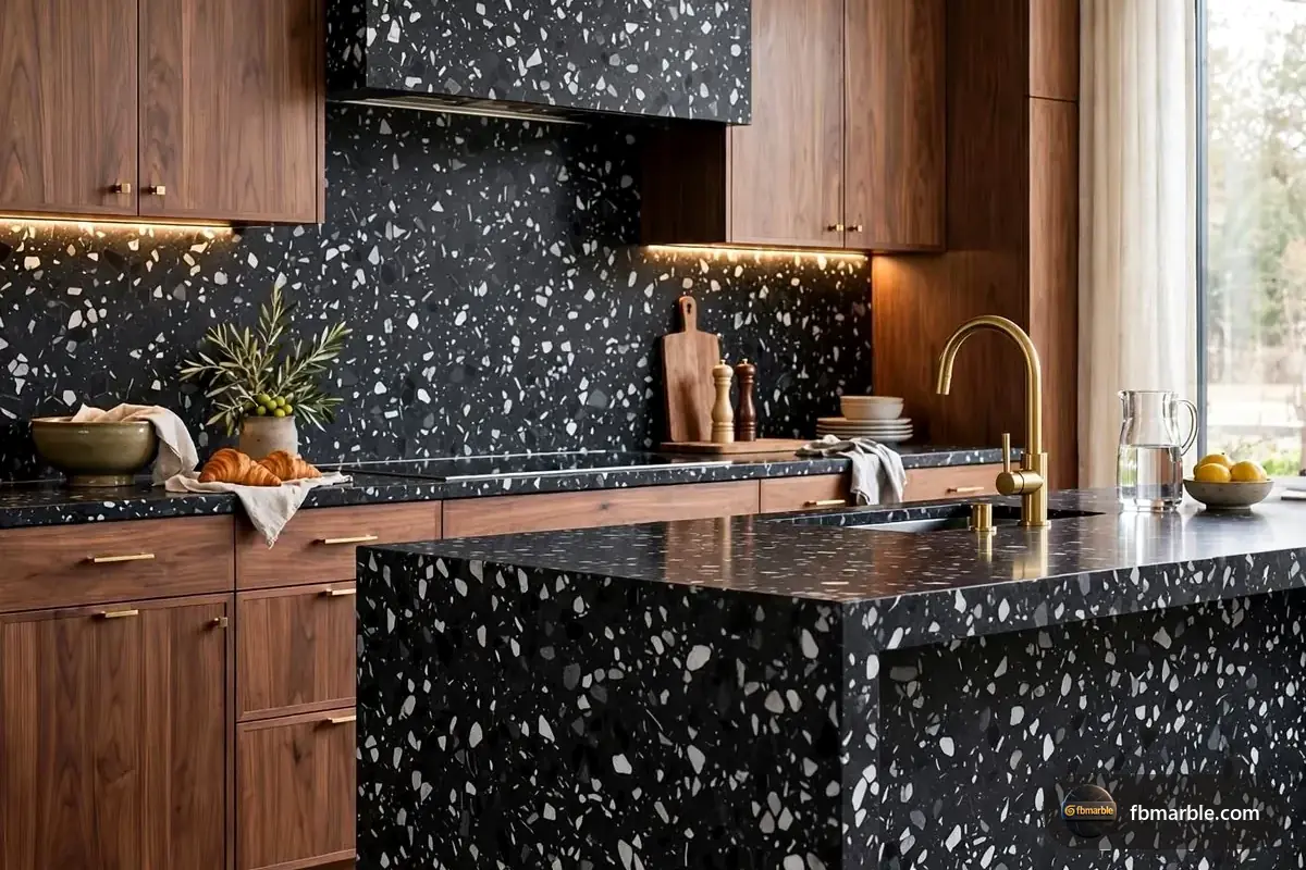 Snow Black Quartz slab from FB Marble Lahore, suited to white cabinets with black quartz