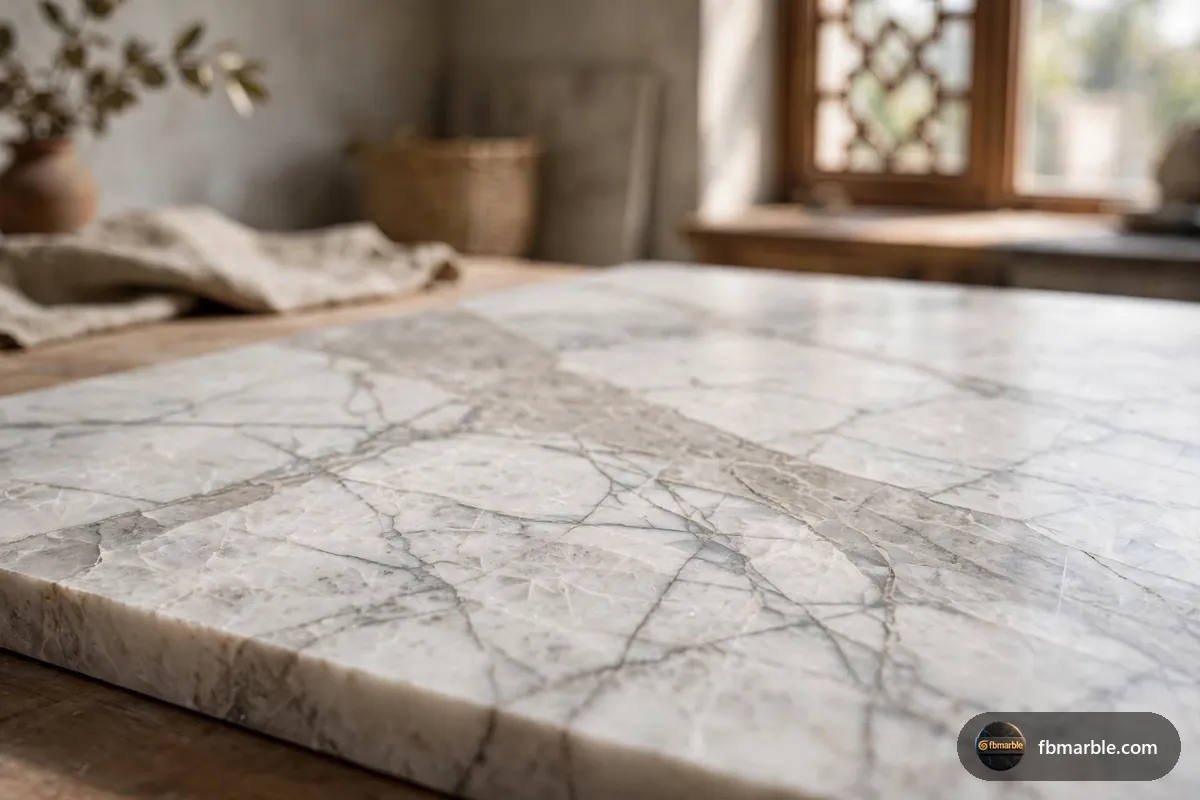 Antique White Quartz slab from FB Marble Lahore, suited to close-up of controlled veining on quartz