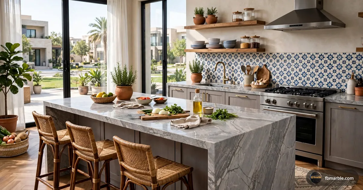 Kitchen with Panda White quartz bookmatched backsplash