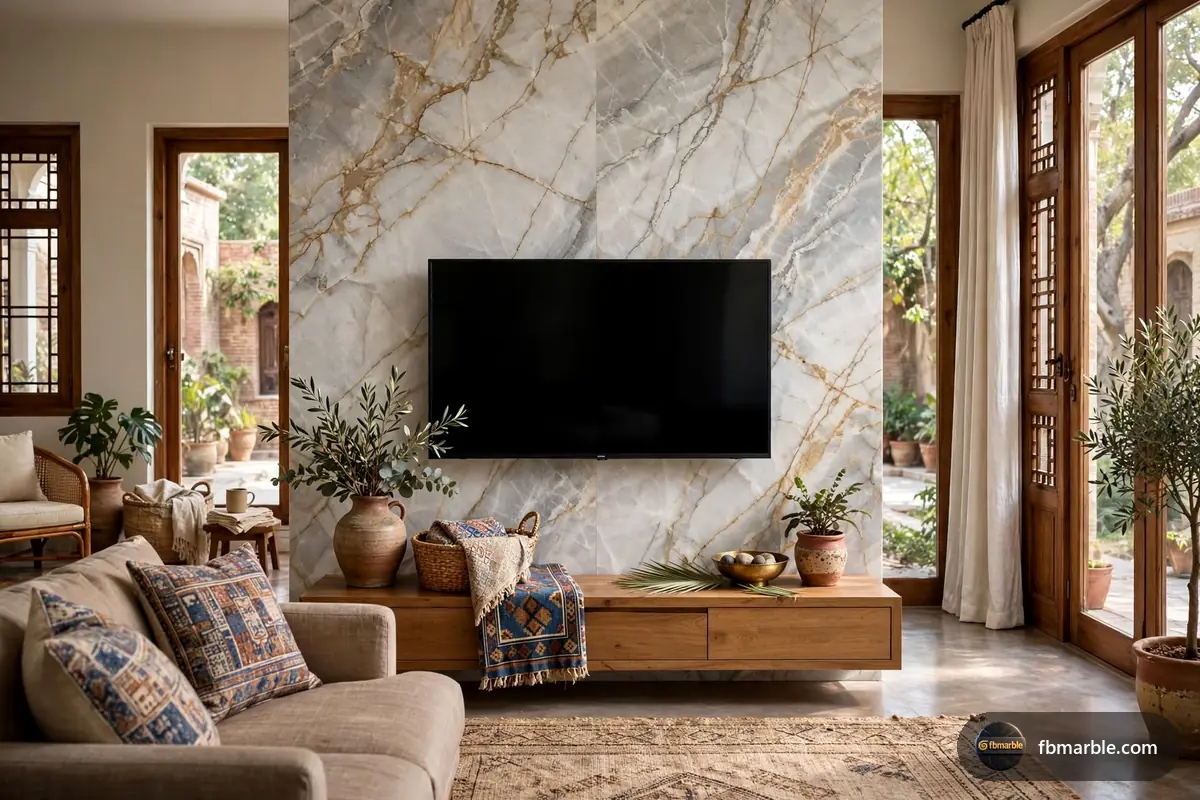 Royal Grey Quartz slab from FB Marble Lahore, suited to quartz feature wall behind tv