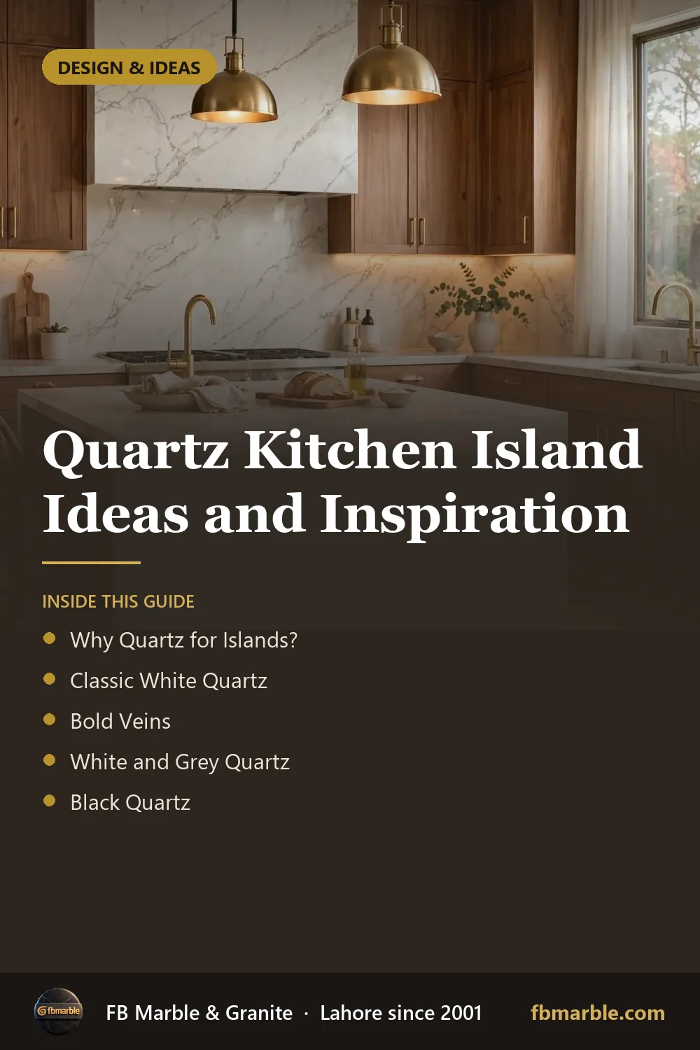 Pinterest graphic: Quartz Kitchen Island Ideas and Inspiration – FB Marble guide