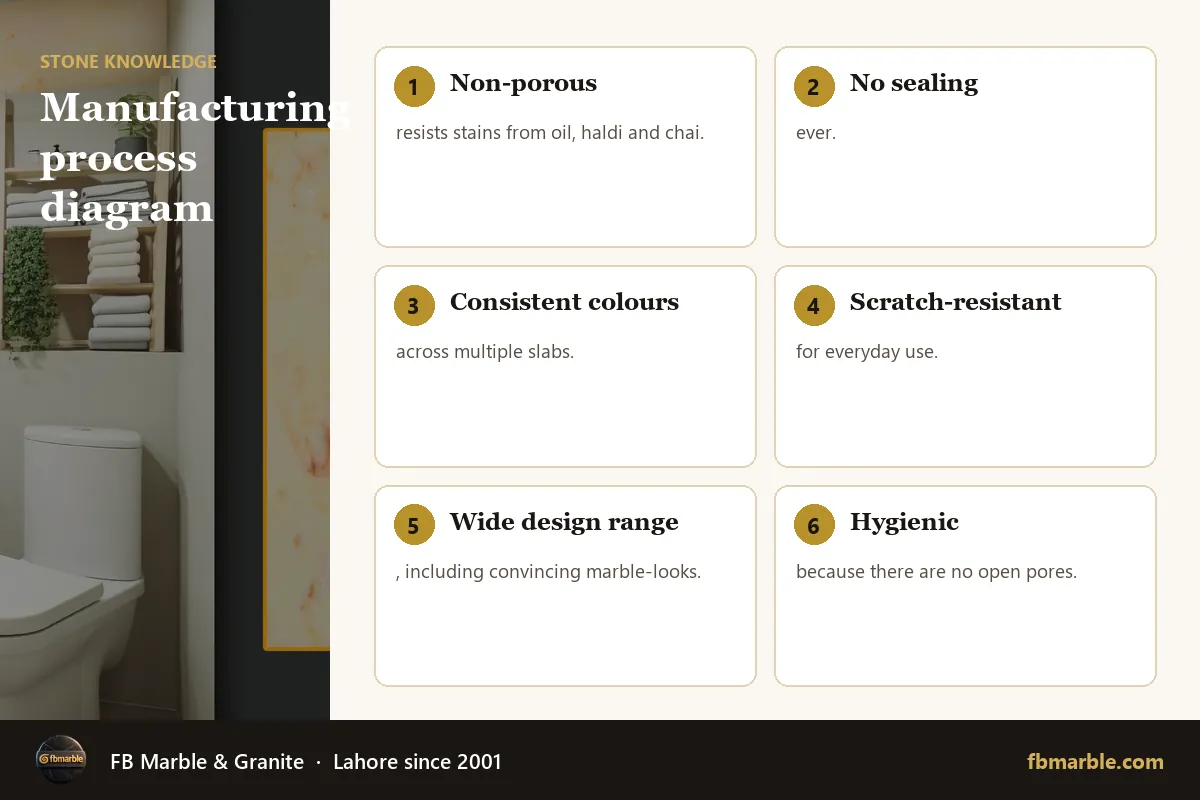 Manufacturing process diagram – is quartz natural stone infographic by FB Marble