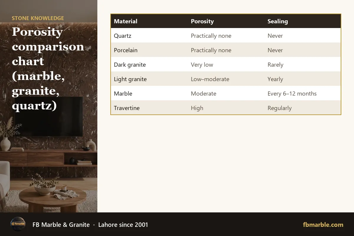 Porosity comparison chart (marble, granite, quartz) – is quartz porous infographic by FB Marble
