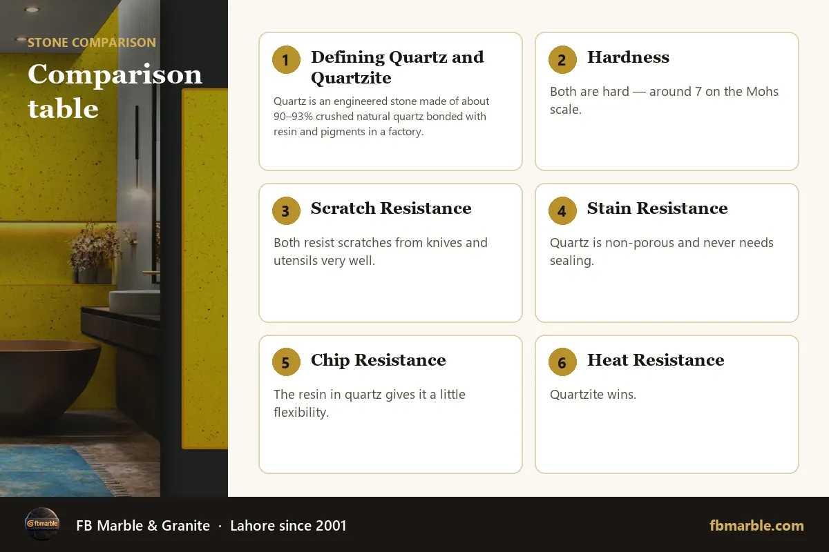 Comparison table – quartz vs quartzite infographic by FB Marble