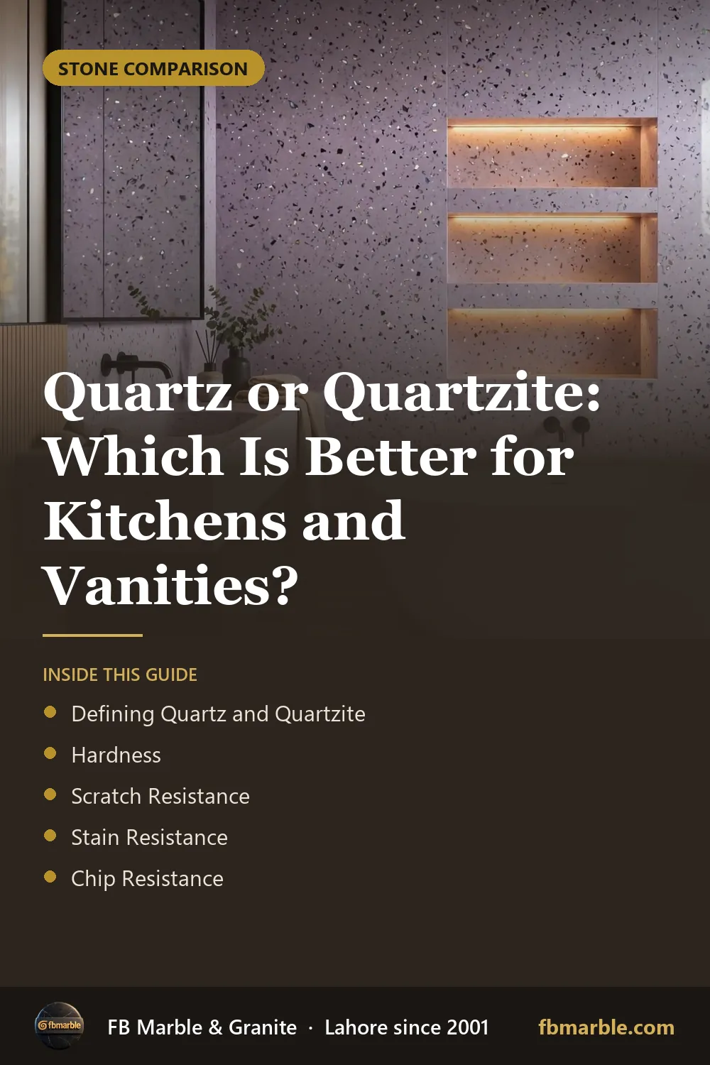 Pinterest graphic: Quartz or Quartzite: Which Is Better for Kitchens and Vanities? – FB Marble guide