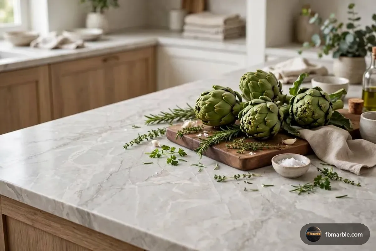 Quartzite countertop with fresh herbs, Pakistan