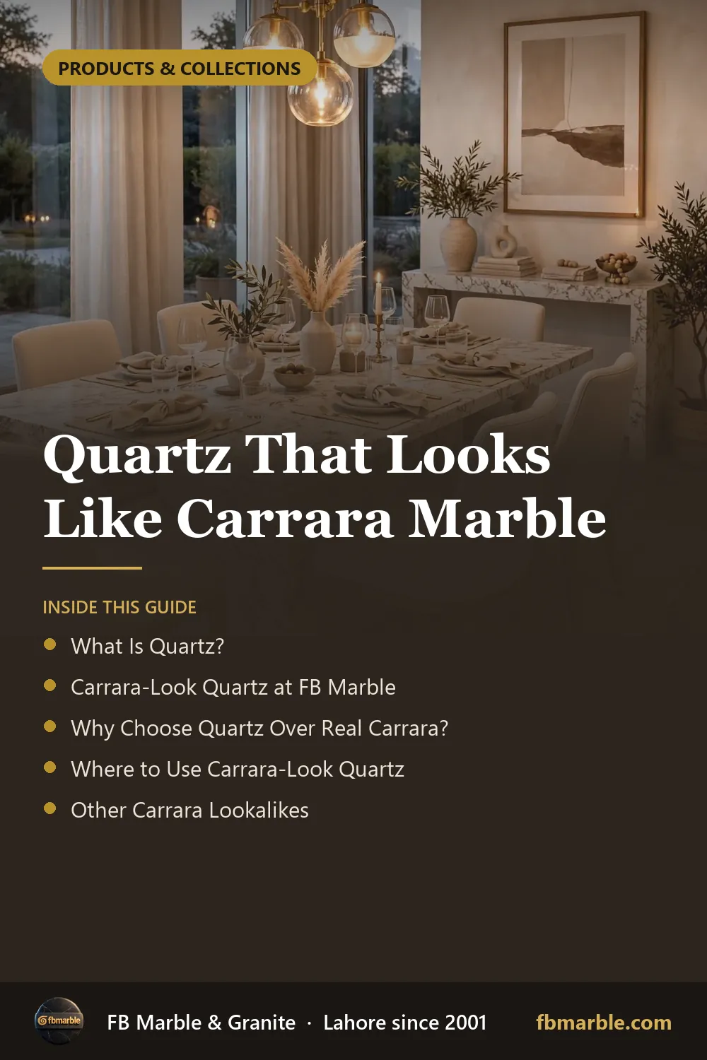 Pinterest graphic: Quartz That Looks Like Carrara Marble – FB Marble guide