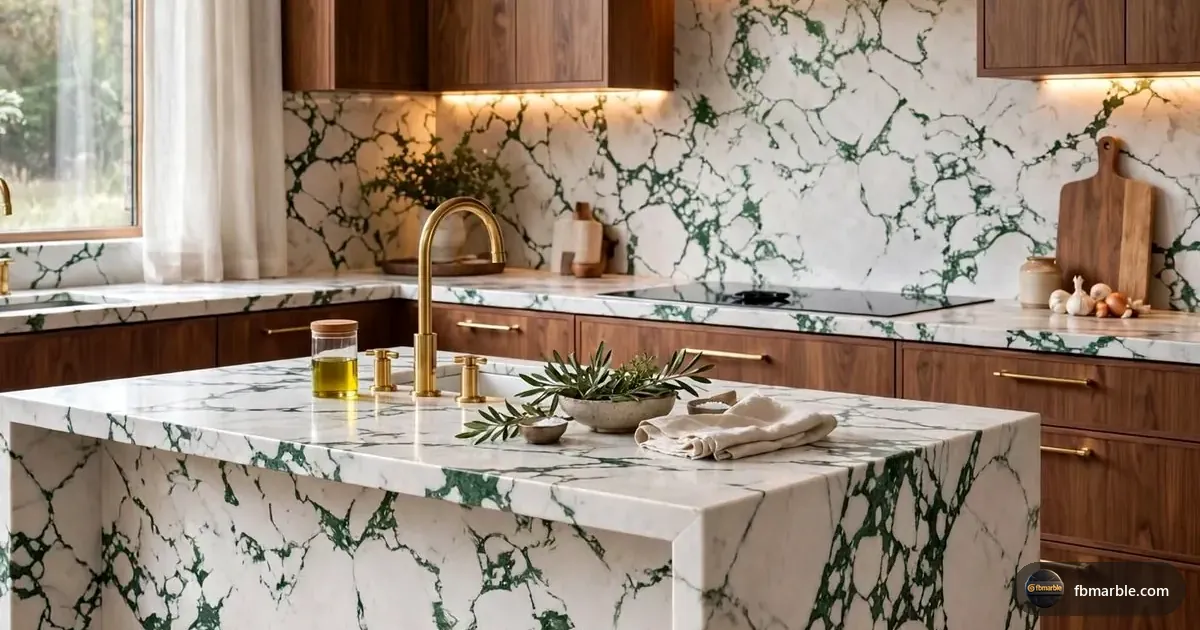 Crystal Green Quartz slab from FB Marble Lahore, suited to matte charcoal quartz kitchen