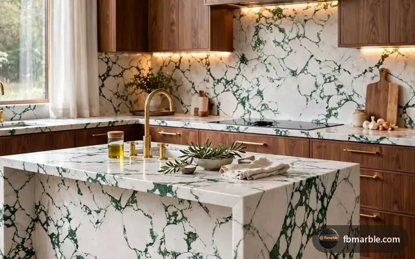 Crystal Green Quartz slab from FB Marble Lahore, suited to matte charcoal quartz kitchen