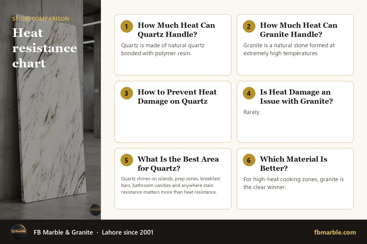 Heat resistance chart – quartz vs granite heat infographic by FB Marble