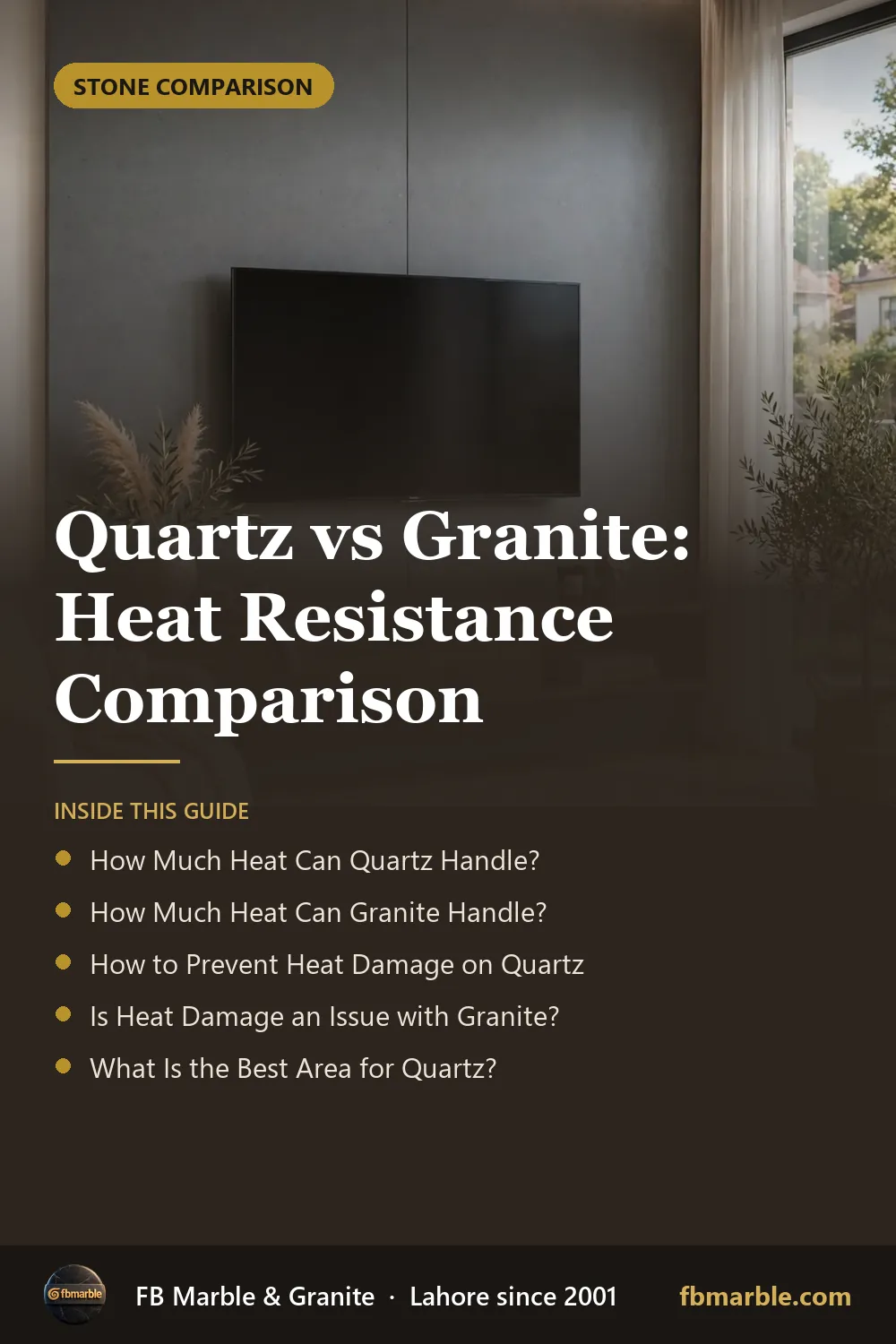 Pinterest graphic: Quartz vs Granite: Heat Resistance Comparison – FB Marble guide