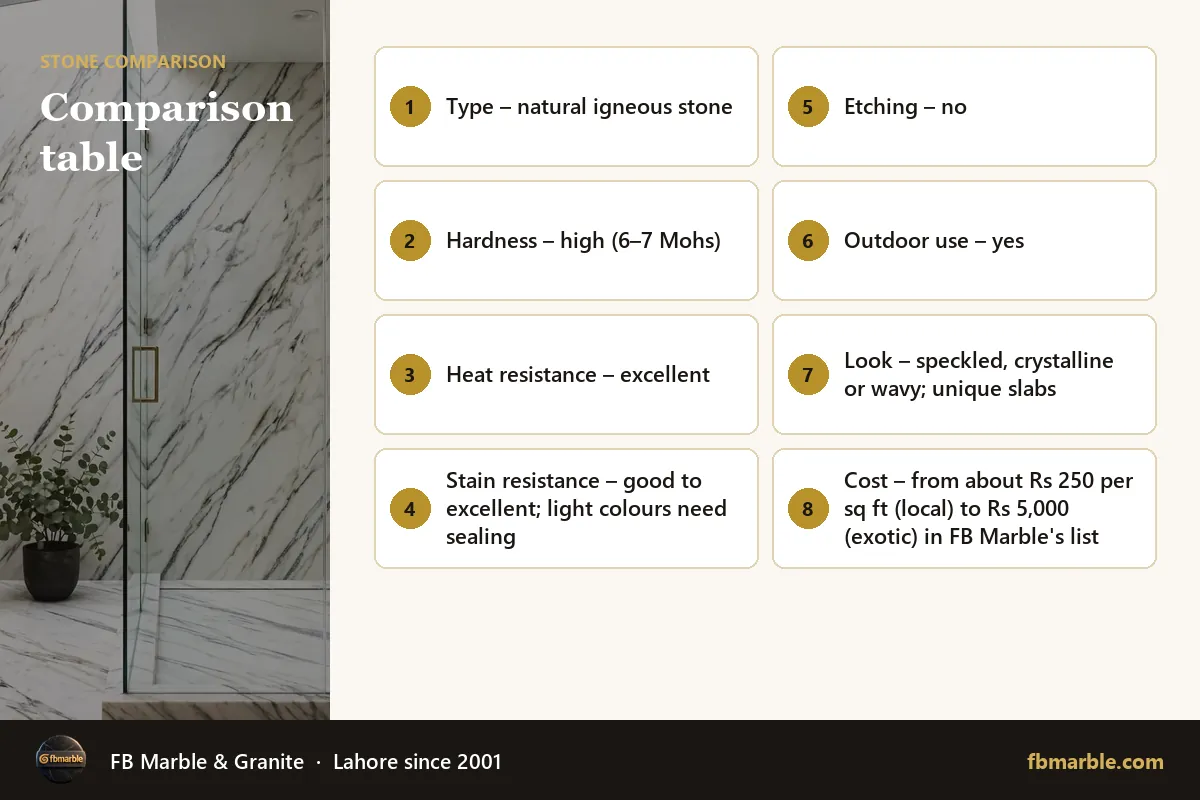 Comparison table – quartz vs granite vs marble infographic by FB Marble