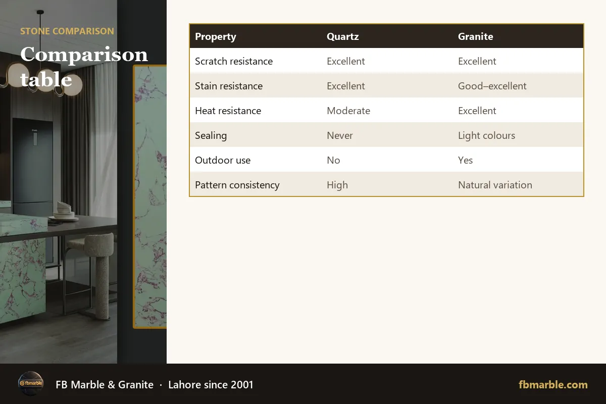 Comparison table – quartz vs granite durability infographic by FB Marble