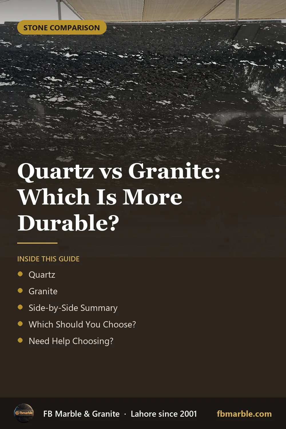 Pinterest graphic: Quartz vs Granite: Which Is More Durable? – FB Marble guide