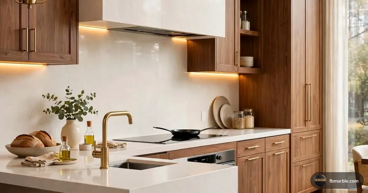 Artificial Cream Quartz slab from FB Marble Lahore, suited to quartz kitchen and granite kitchen side by side