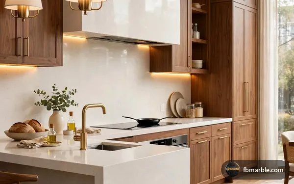 Artificial Cream Quartz slab from FB Marble Lahore, suited to quartz kitchen and granite kitchen side by side