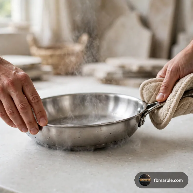 Step 1: Hot pan on porcelain test – quartz vs porcelain countertops