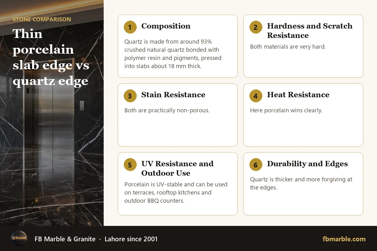 Thin porcelain slab edge vs quartz edge – quartz vs porcelain countertops infographic by FB Marble