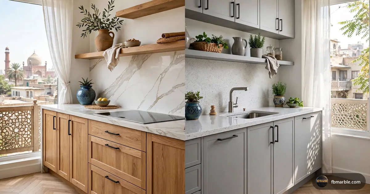 Minimalist porcelain slab kitchen countertop, Pakistan