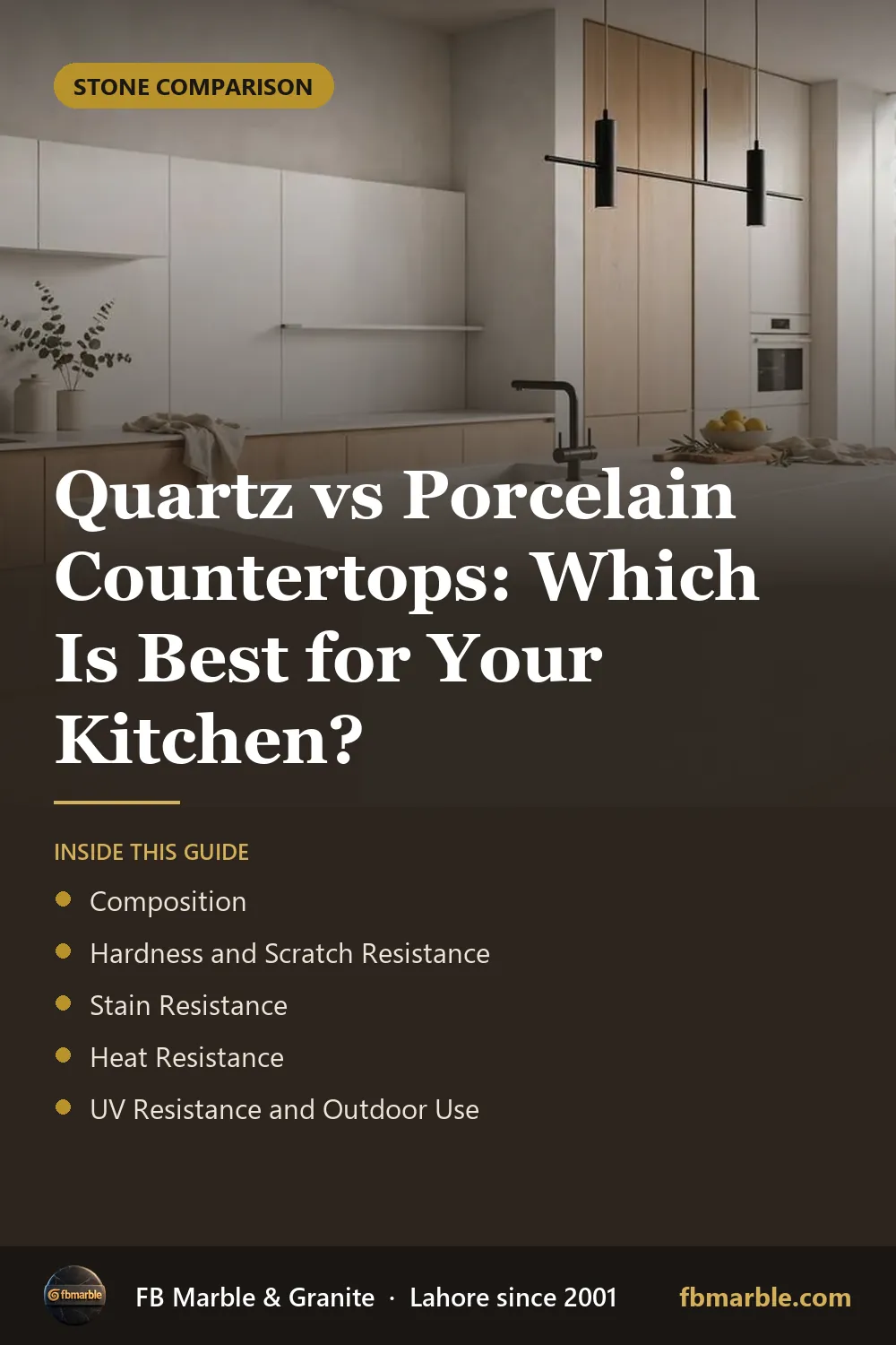 Pinterest graphic: Quartz vs Porcelain Countertops: Which Is Best for Your Kitchen? – FB Marble guide