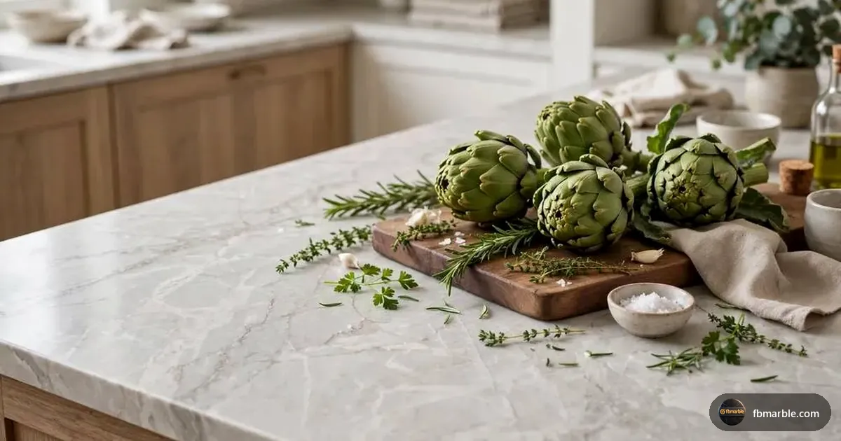 Quartzite countertop with fresh herbs, Pakistan
