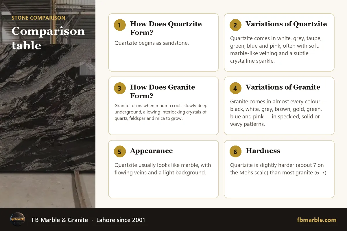 Comparison table – quartzite vs granite infographic by FB Marble