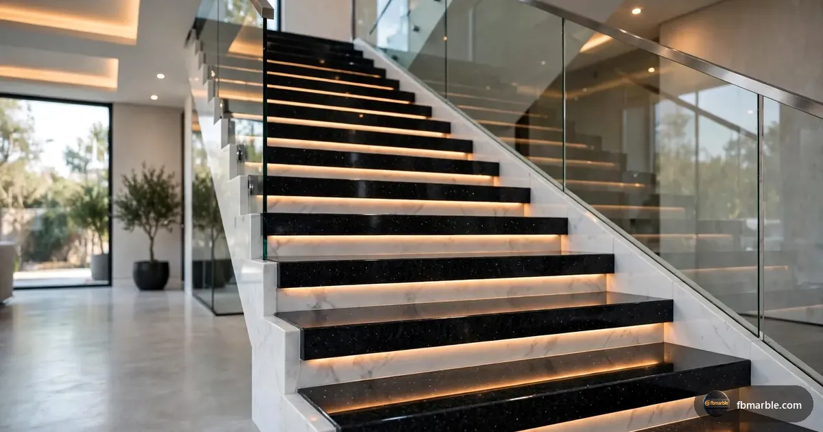 Staircase finished in Black Pearl granite