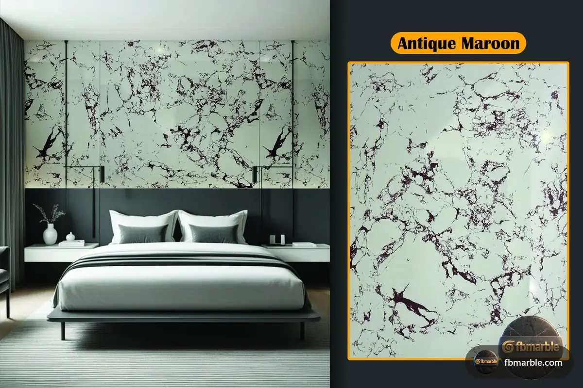 Antique Maroon Quartz slab from FB Marble Lahore, suited to close-up of glass chips