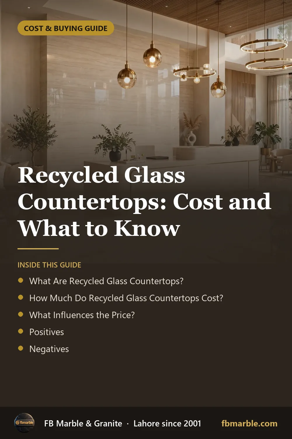 Pinterest graphic: Recycled Glass Countertops: Cost and What to Know – FB Marble guide