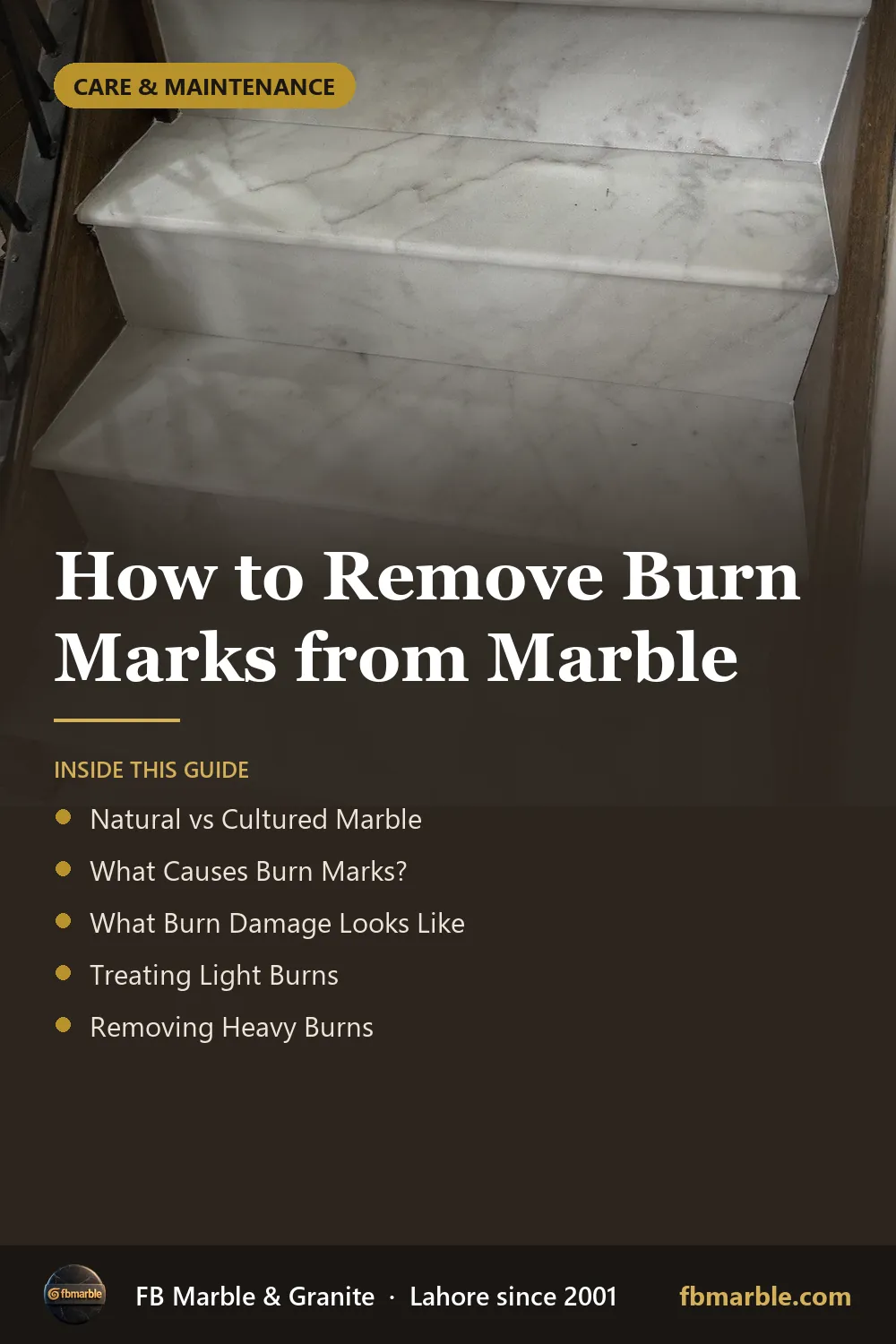 Pinterest graphic: How to Remove Burn Marks from Marble – FB Marble guide