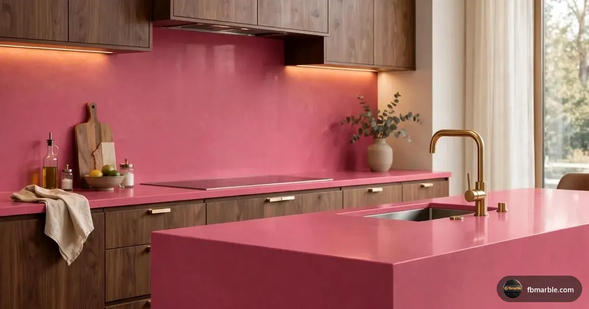 Bright Rose Quartz slab from FB Marble Lahore, suited to quartz vanity with hair dye spots