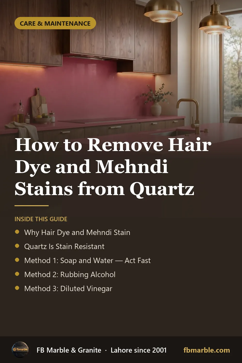 Pinterest graphic: How to Remove Hair Dye and Mehndi Stains from Quartz – FB Marble guide