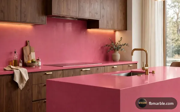 Bright Rose Quartz slab from FB Marble Lahore, suited to quartz vanity with hair dye spots