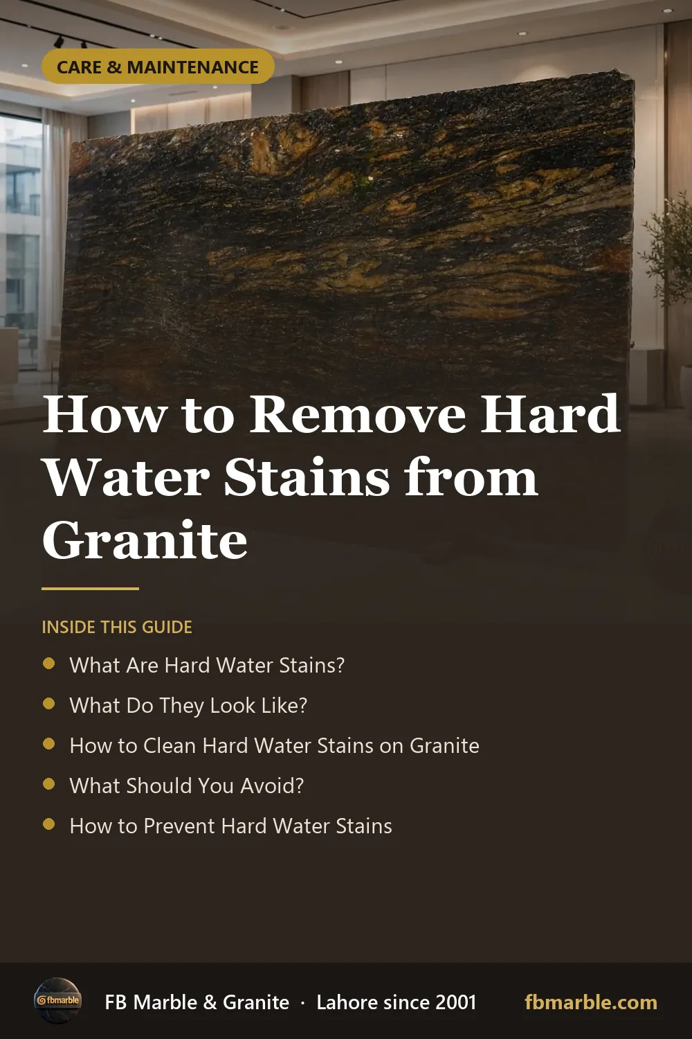 Pinterest graphic: How to Remove Hard Water Stains from Granite – FB Marble guide
