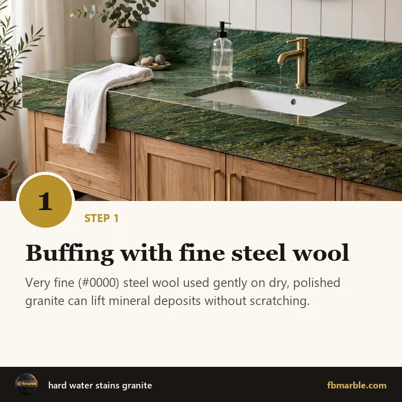 Step 1: Buffing with fine steel wool – hard water stains granite