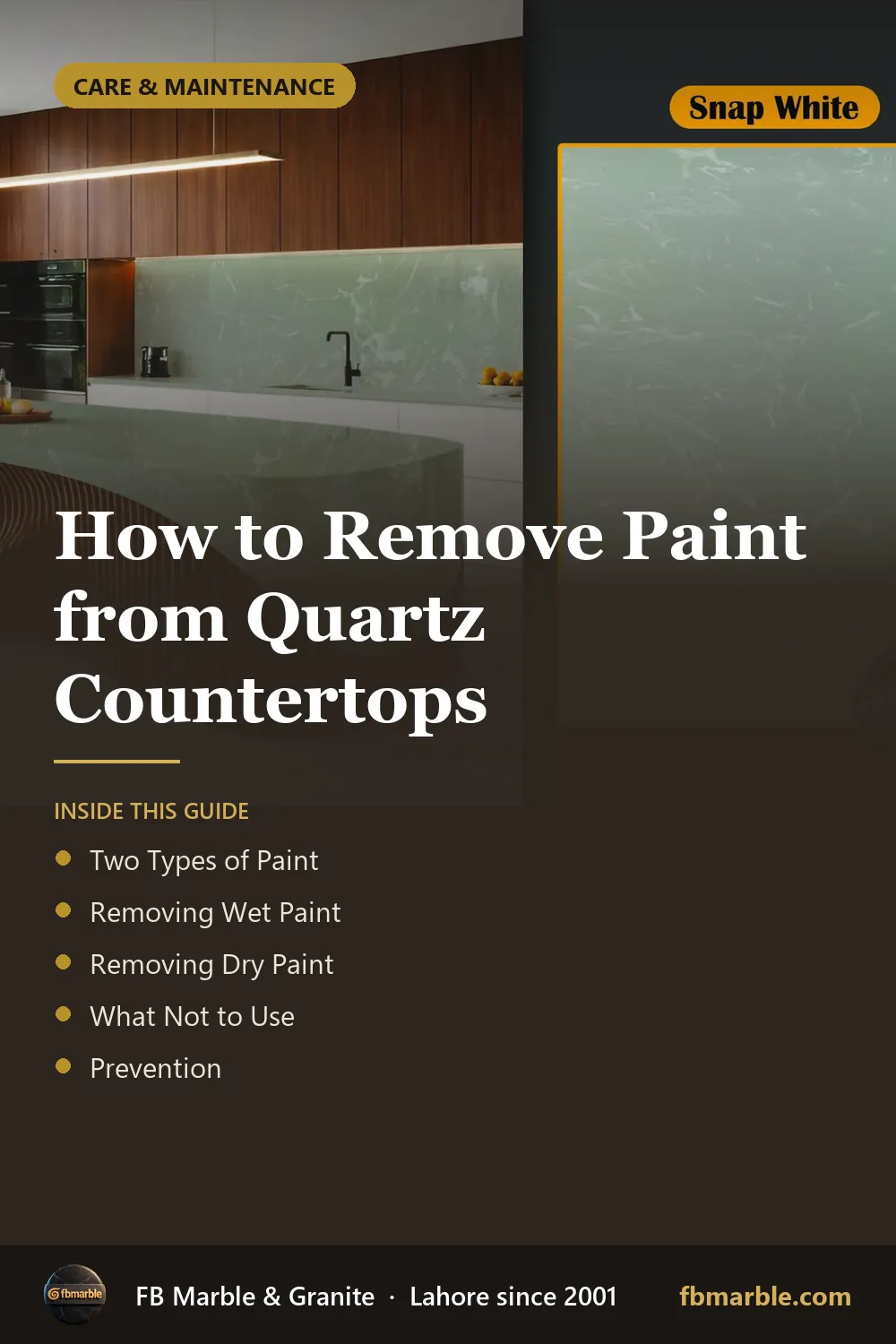Pinterest graphic: How to Remove Paint from Quartz Countertops – FB Marble guide