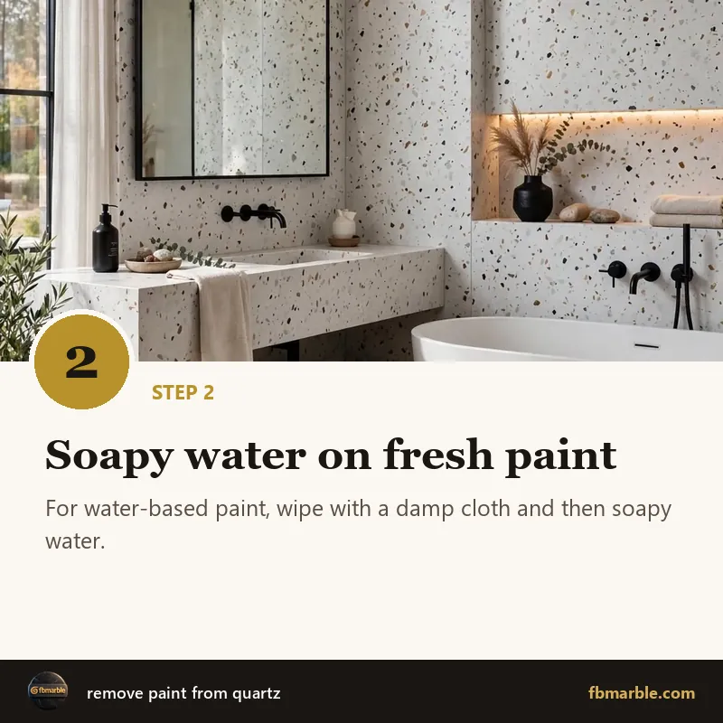 Step 2: Soapy water on fresh paint – remove paint from quartz