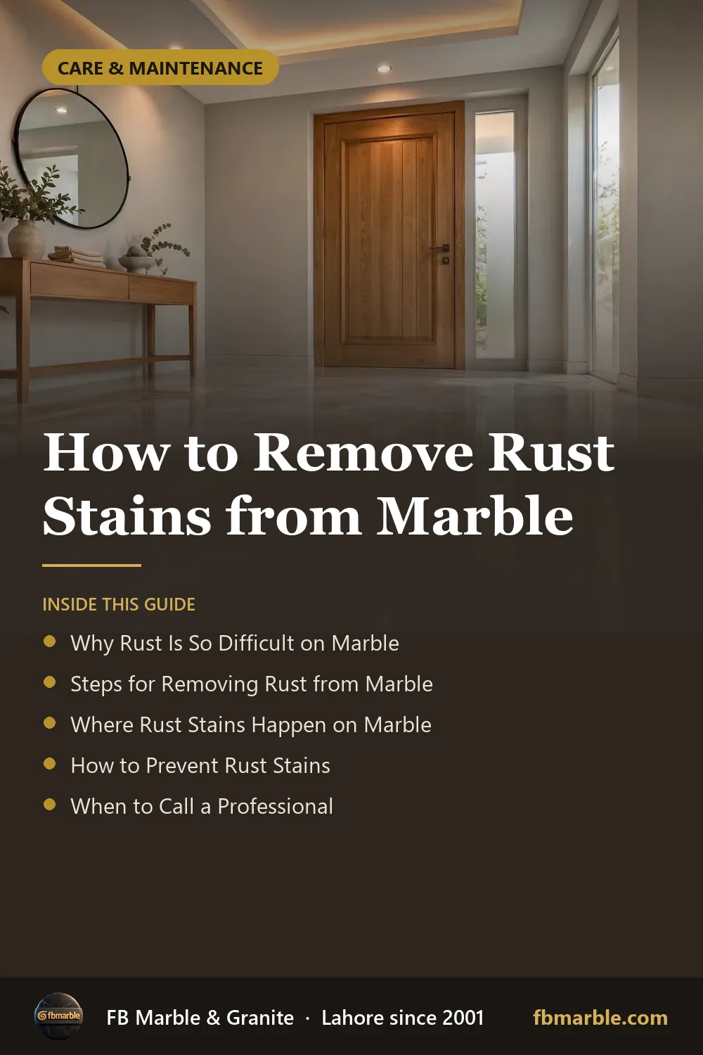 Pinterest graphic: How to Remove Rust Stains from Marble – FB Marble guide