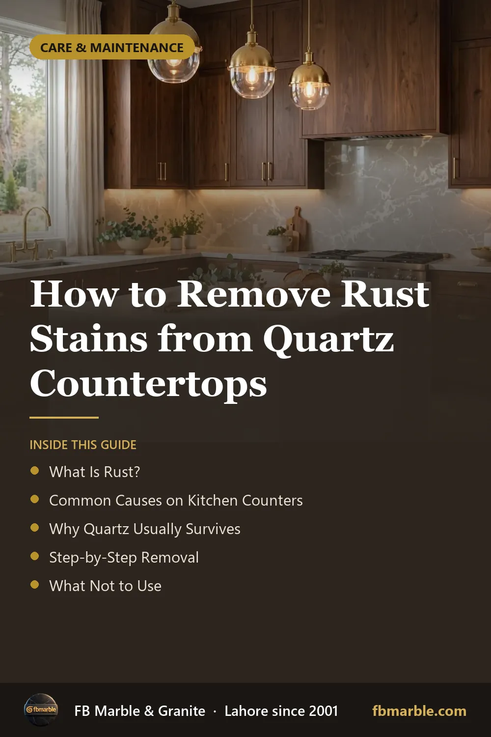 Pinterest graphic: How to Remove Rust Stains from Quartz Countertops – FB Marble guide