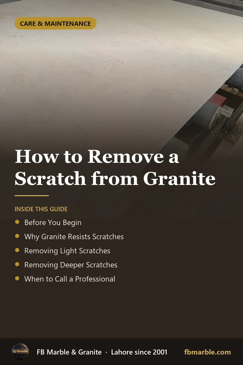Pinterest graphic: How to Remove a Scratch from Granite – FB Marble guide