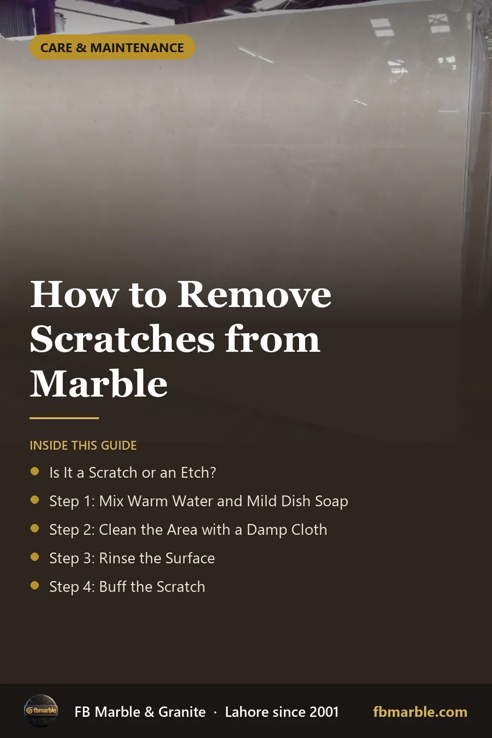 Pinterest graphic: How to Remove Scratches from Marble – FB Marble guide