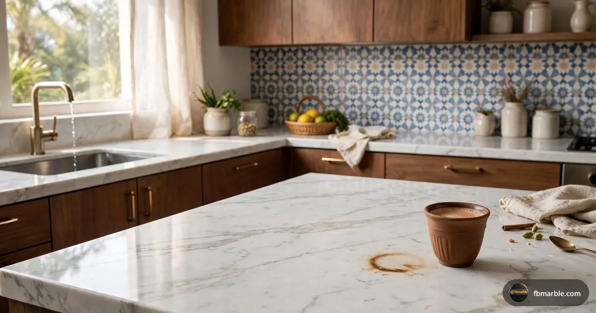 White Ziarat marble kitchen counter with a tea-cup ring stain – remove stains from marble