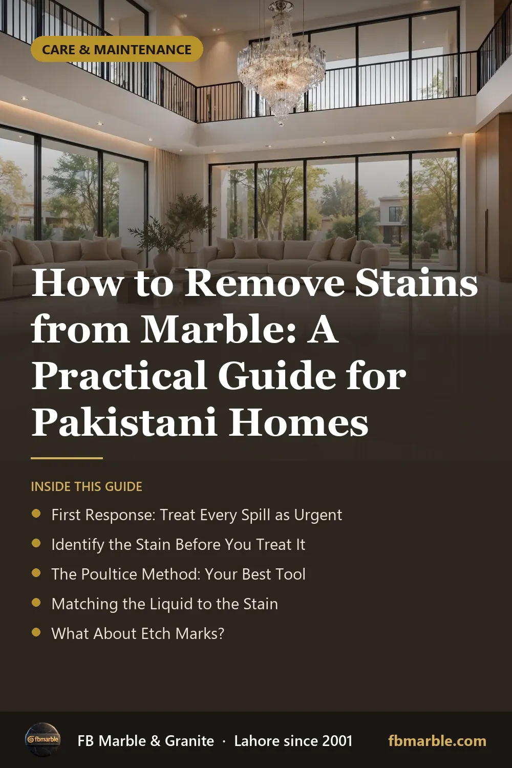 Pinterest graphic: How to Remove Stains from Marble: A Practical Guide for Pakistani Homes – FB Marble guide