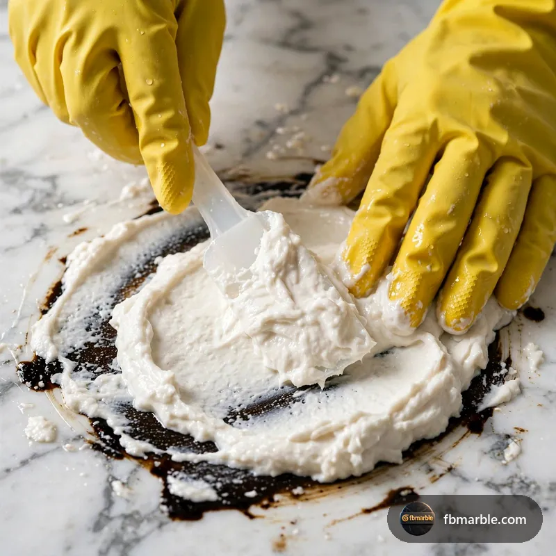Step 1: Applying baking-soda poultice on an oil stain – remove stains from marble