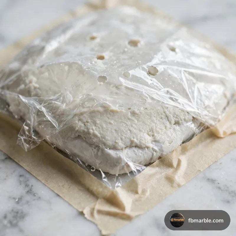 Step 2: Covering poultice with plastic wrap and tape – remove stains from marble