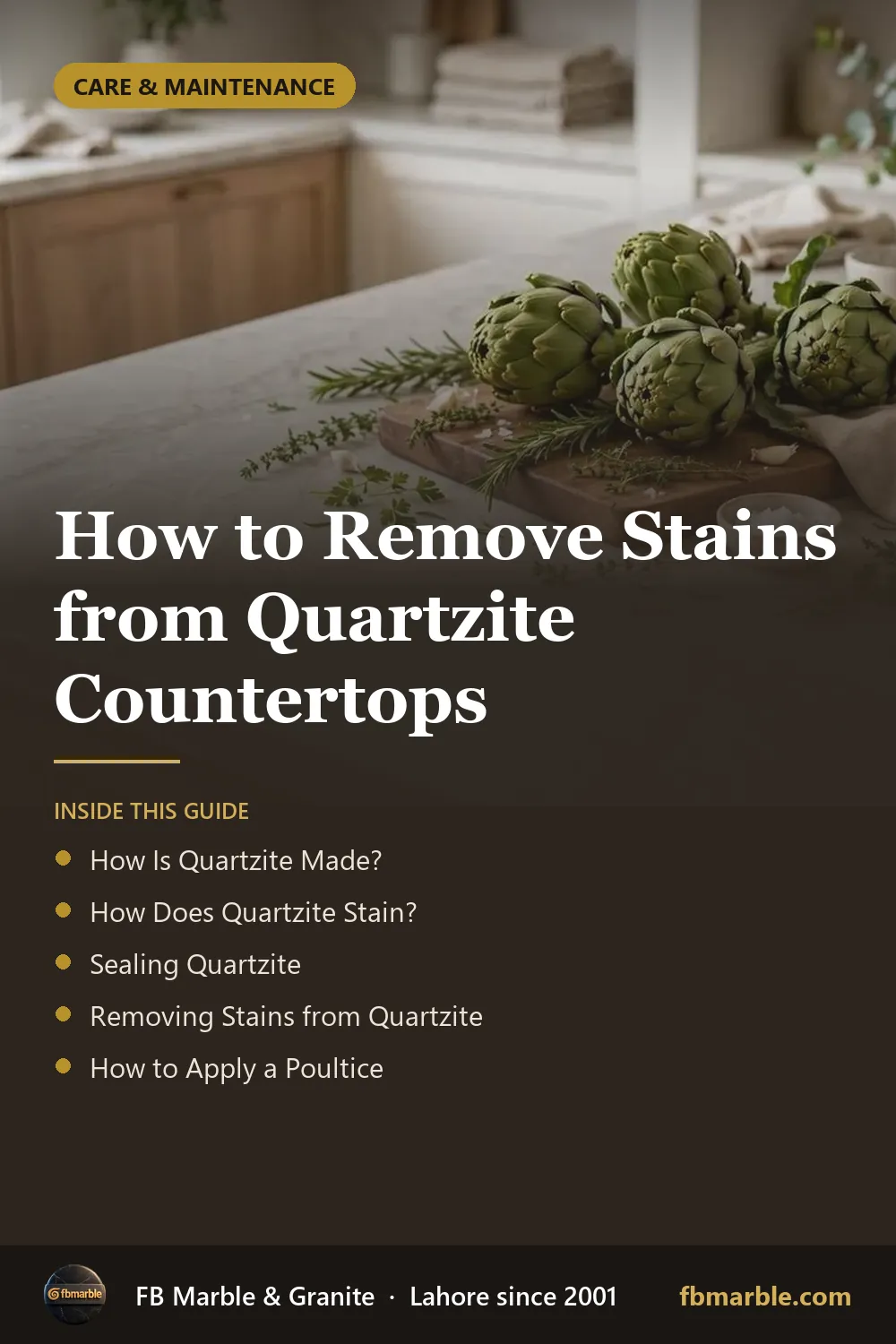 Pinterest graphic: How to Remove Stains from Quartzite Countertops – FB Marble guide
