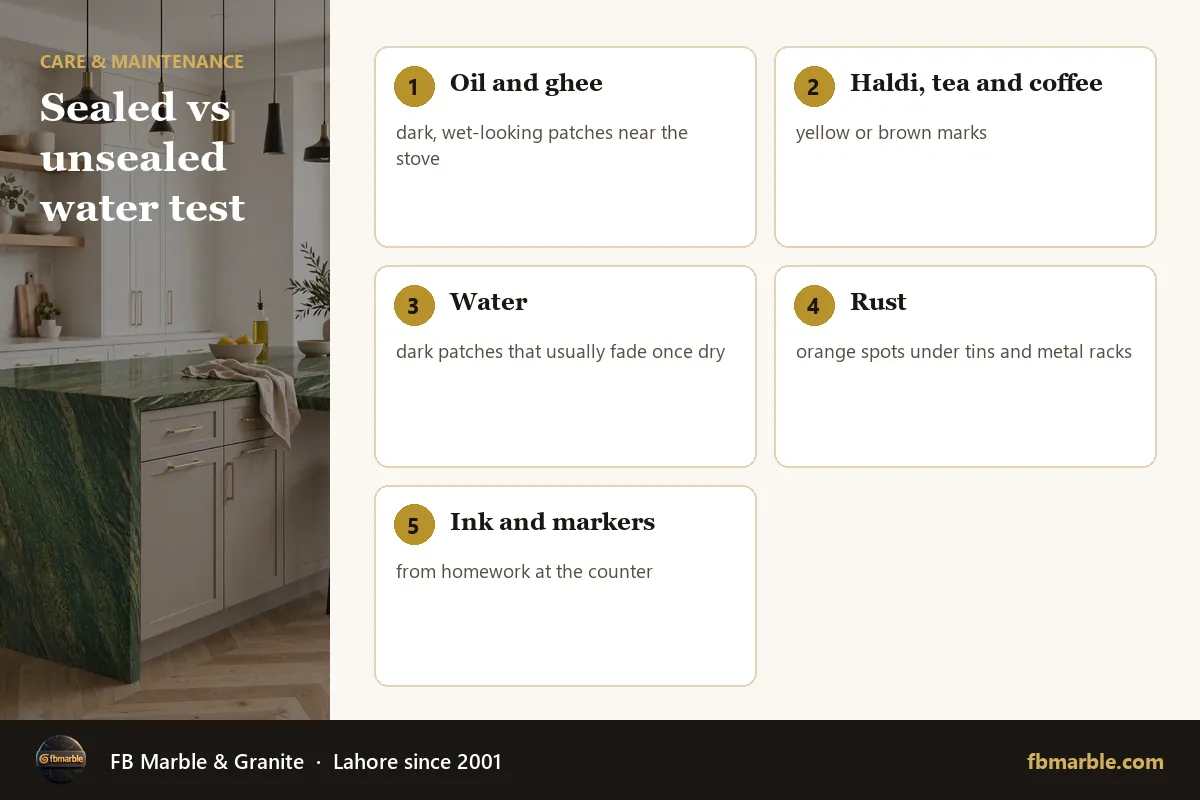 Sealed vs unsealed water test – remove stains white granite infographic by FB Marble